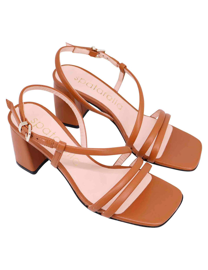 Spatarella Sandali slingback donna in pelle cuoio con tacco grosso e punta quadra Consegna Veloce