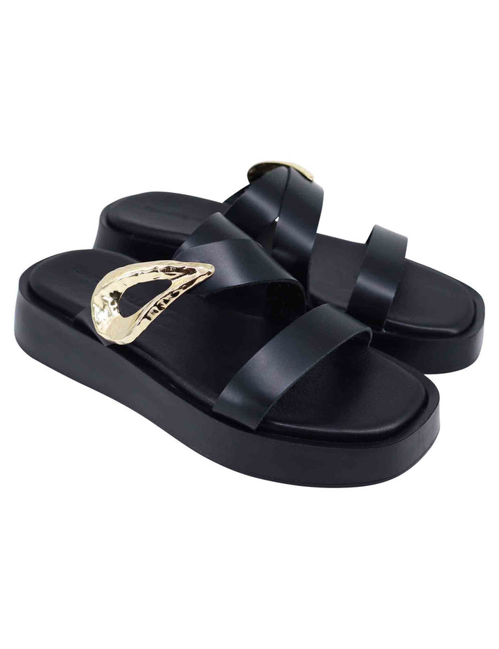 Spatarella Sandali donna in pelle nera con accessorio oro e zeppa in gomma Outlet